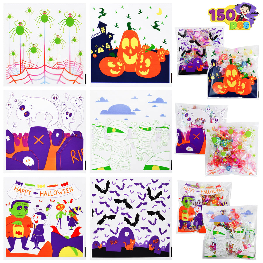 JOYIN 150 PCS Halloween Cellophane Treat Bags, Halloween Clear Self-adhesive Candy Bags, Halloween Plastic Cookie Bags for Trick or Treat, Halloween Goodie Bags for Party Favor Supplies