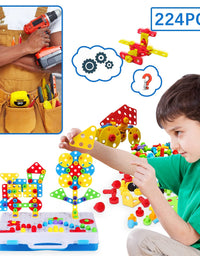 224 Piece STEM Building Toys for Kids 4 5 6 7 8 Year Old, Trendy Bits Drill Puzzle with Screwdriver Tool Set, Mosaic Drill Set for Boys and Girls Ages 4-8
