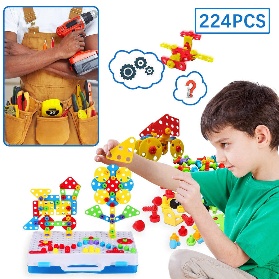224 Piece STEM Building Toys for Kids 4 5 6 7 8 Year Old, Trendy Bits Drill Puzzle with Screwdriver Tool Set, Mosaic Drill Set for Boys and Girls Ages 4-8