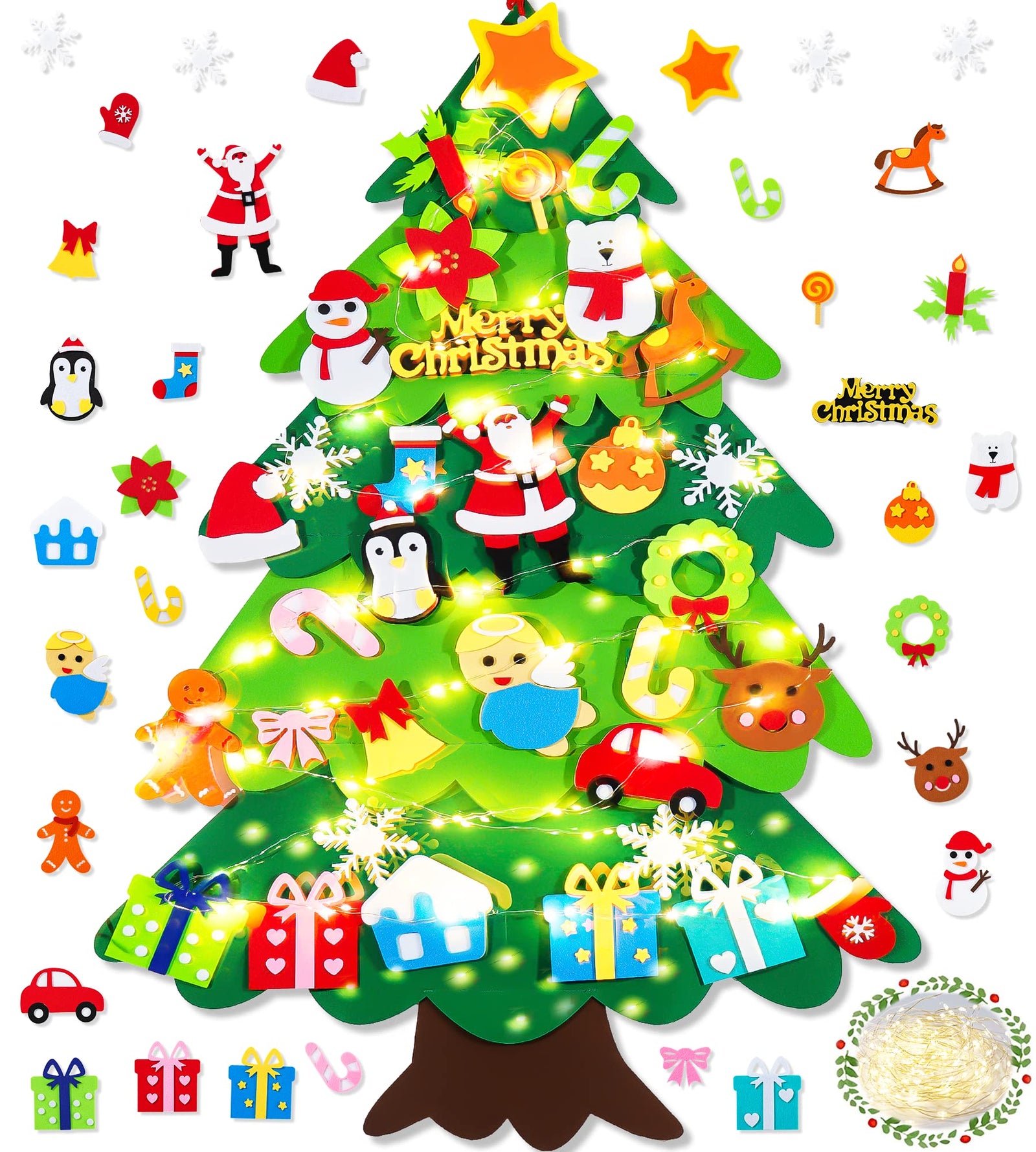 RVZHI Felt Christmas Tree for Kids Wall with Lights 33pcs Ornaments DIY Felt Christmas Tree for Toddlers with Exquisite Poster, Kids Gift Felt Wall Xmas Tree Kit Set for Toddlers Home Door Decoration