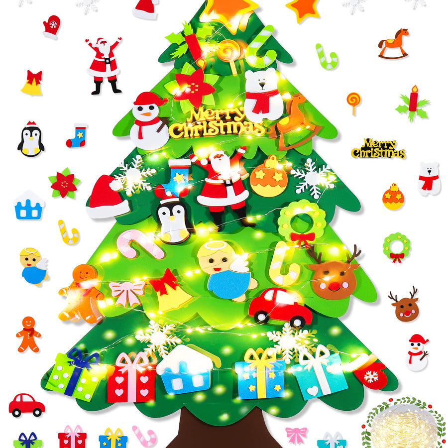 RVZHI Felt Christmas Tree for Kids Wall with Lights 33pcs Ornaments DIY Felt Christmas Tree for Toddlers with Exquisite Poster, Kids Gift Felt Wall Xmas Tree Kit Set for Toddlers Home Door Decoration