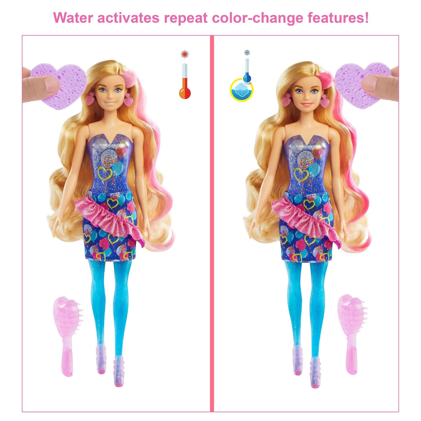 Barbie Color Reveal Doll with 7 Surprises: 4 Bags Contain Skirt, Shoes, Earrings & Brush; Water Reveals Confetti-Print; Doll’s Look & Color Change on Hair & Face; Party Series