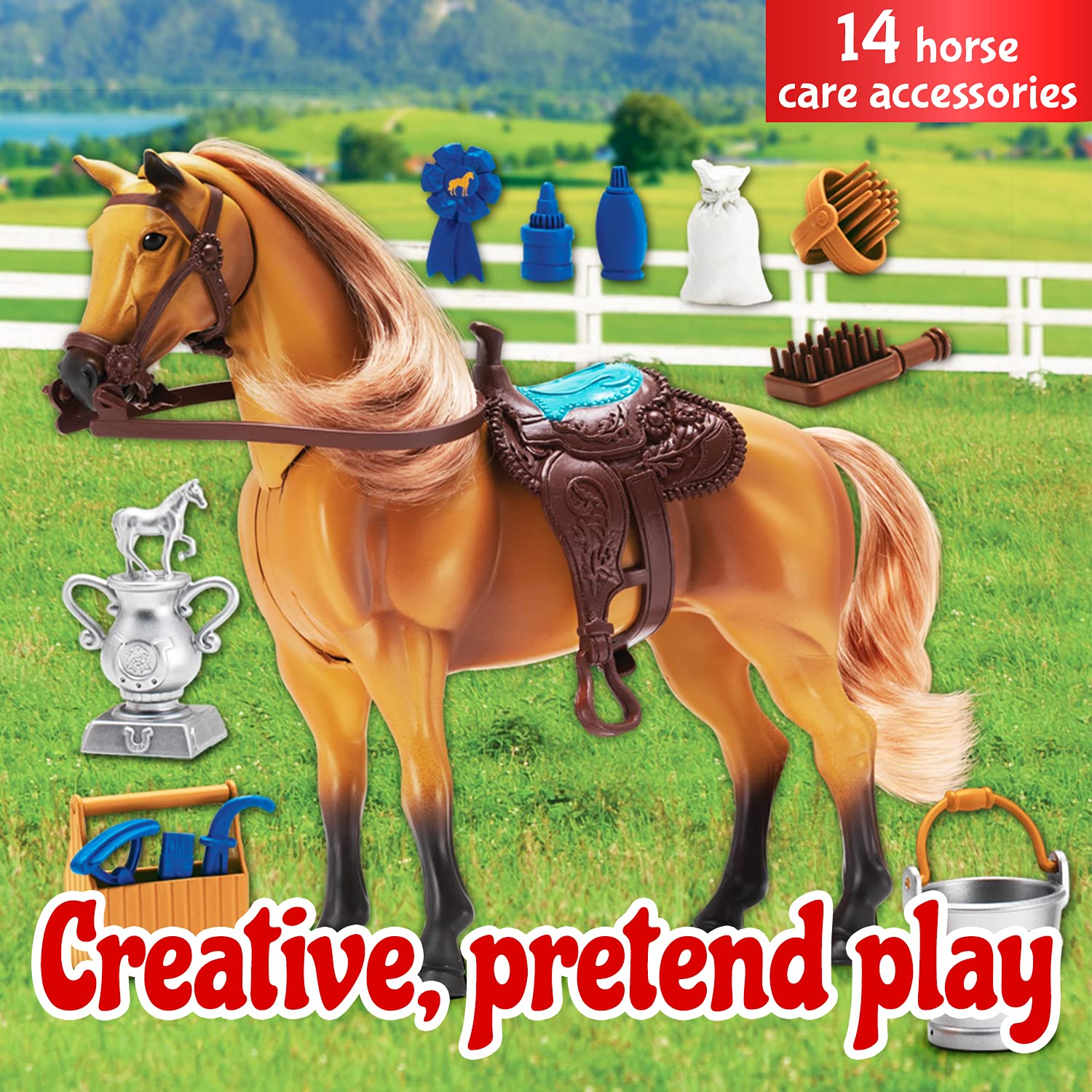 Sunny Days Entertainment Quarter Horse with Moveable Head, Realistic Sound and 14 Grooming Accessories - Blue Ribbon Champions Deluxe Toy Horses
