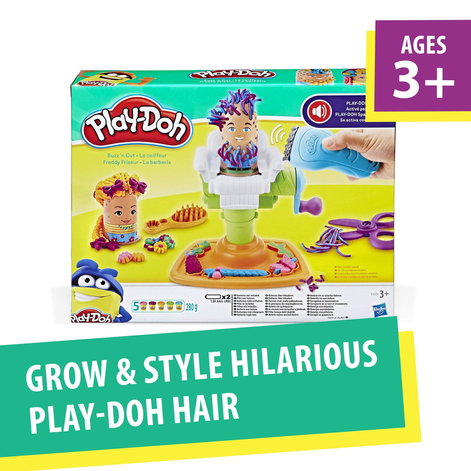 Play-Doh E2930 Buzz 'n Cut Fuzzy Pumper Barber Shop Toy with Electric Buzzer and 5 Non-Toxic Colors, 2-Ounce Cans