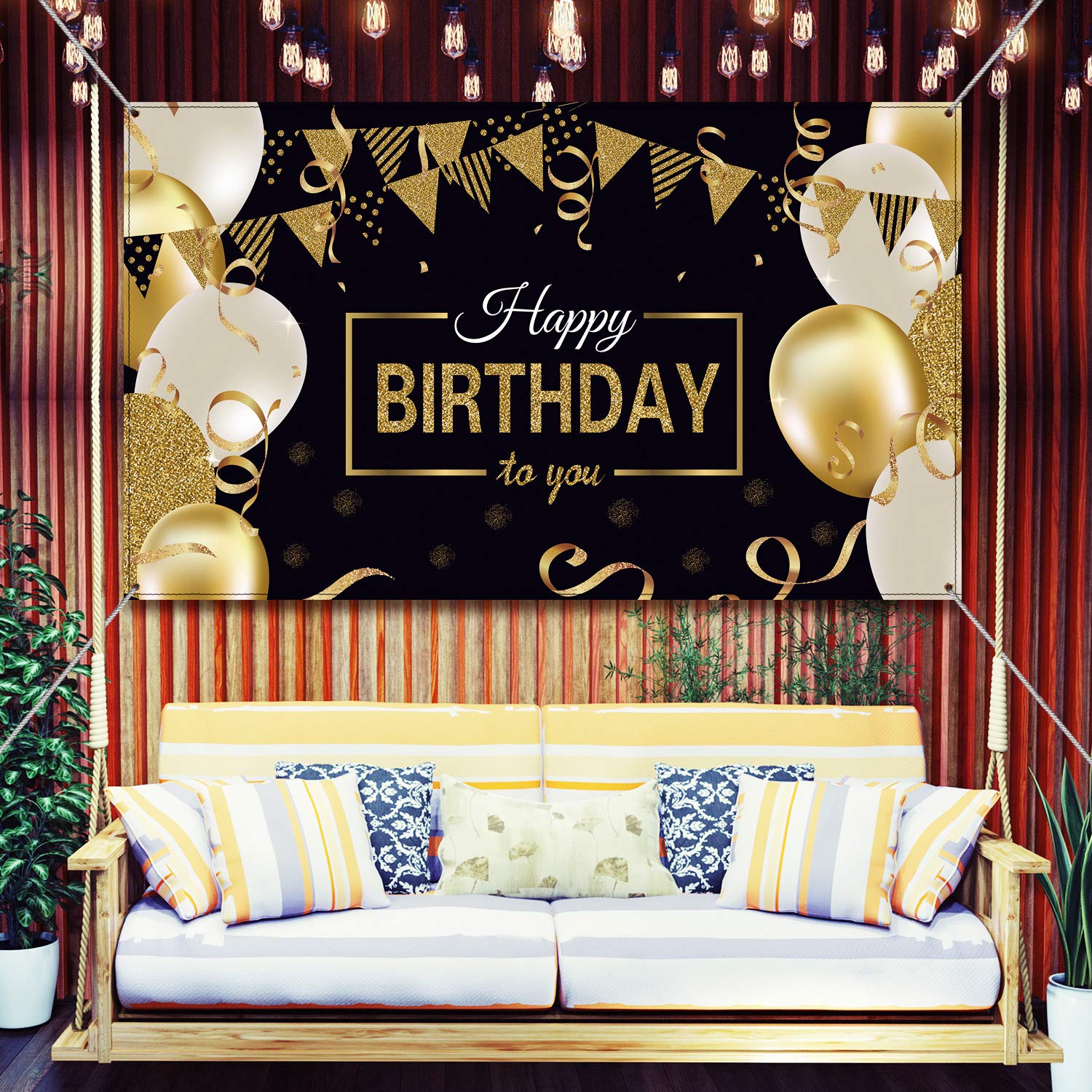 Happy Birthday Backdrop Banner Extra Large Black and Gold Sign Poster for Men Women Birthday Anniversary Party Photo Booth Backdrop Background Banner Decoration Supplies