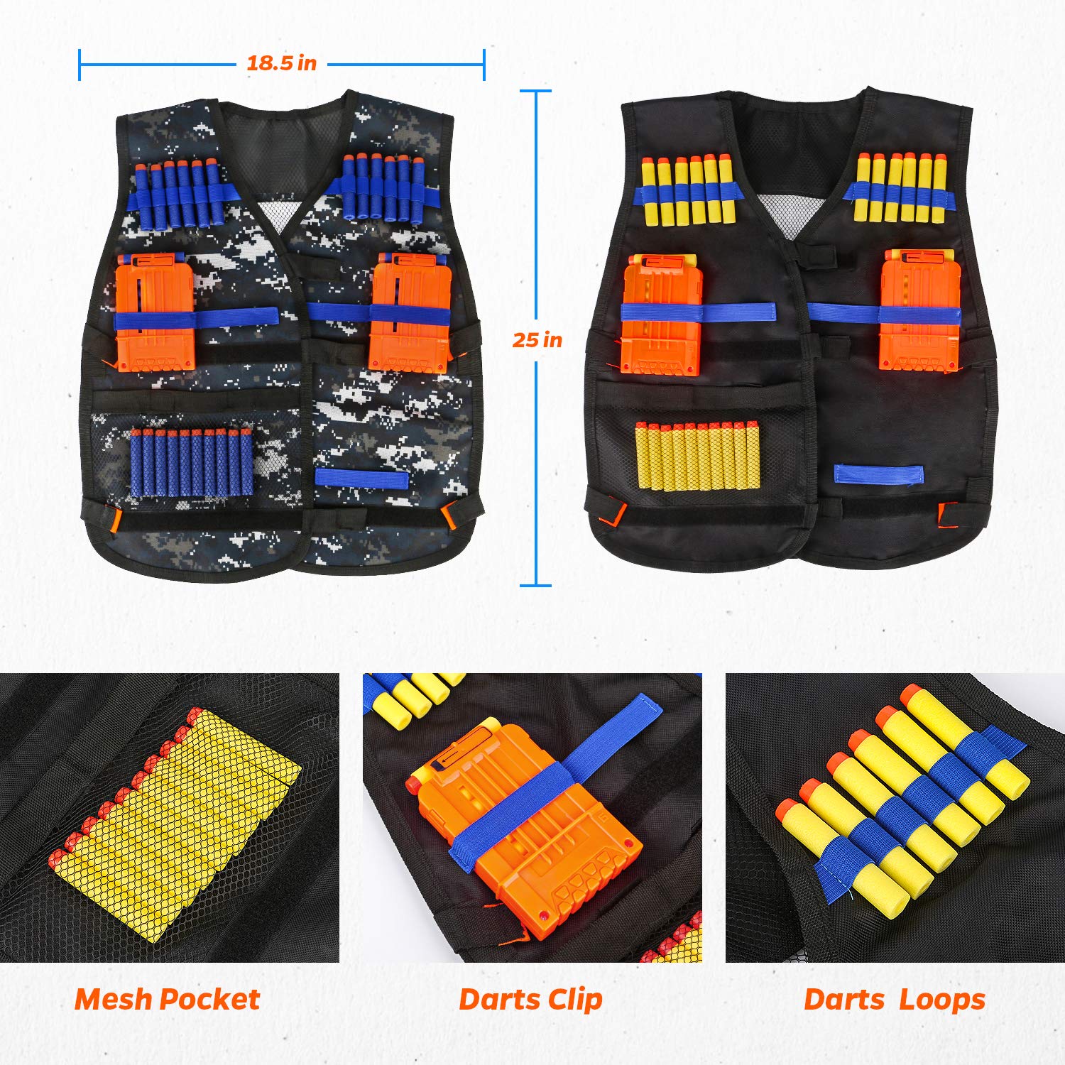 Kids Tactical Vest Kit for Nerf Guns Series with Refill Darts,Dart Pouch, Reload Clips, Tactical Mask, Wrist Band and Protective Glasses,Nerf Vest Toys for 4 5 6 7 8 9 10 11 12 Year Boys(2 Pack)