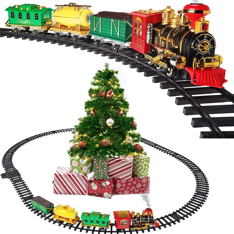 Christmas Steam Train Toy - Electric Train Set for Around Christmas Tree and Kids with Real Smoke, Music, & Lights Xmas Trains