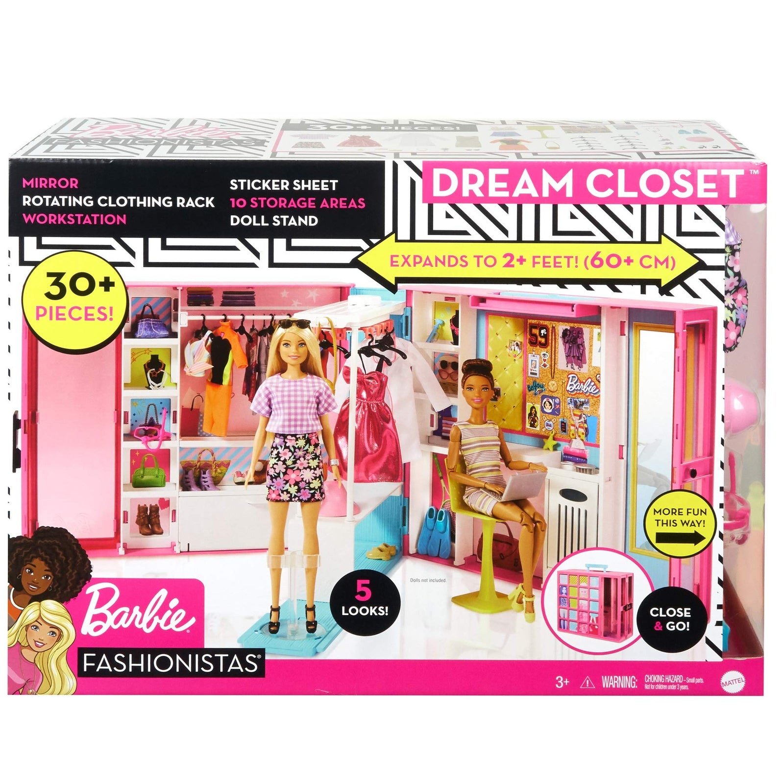 Barbie Dream Closet with 30+ Pieces, Toy Closet, Features 10+ Storage Areas, Full-Length Mirror, Includes 5 Outfits, Gift for Kids 3 to 7 Years Old, Pink