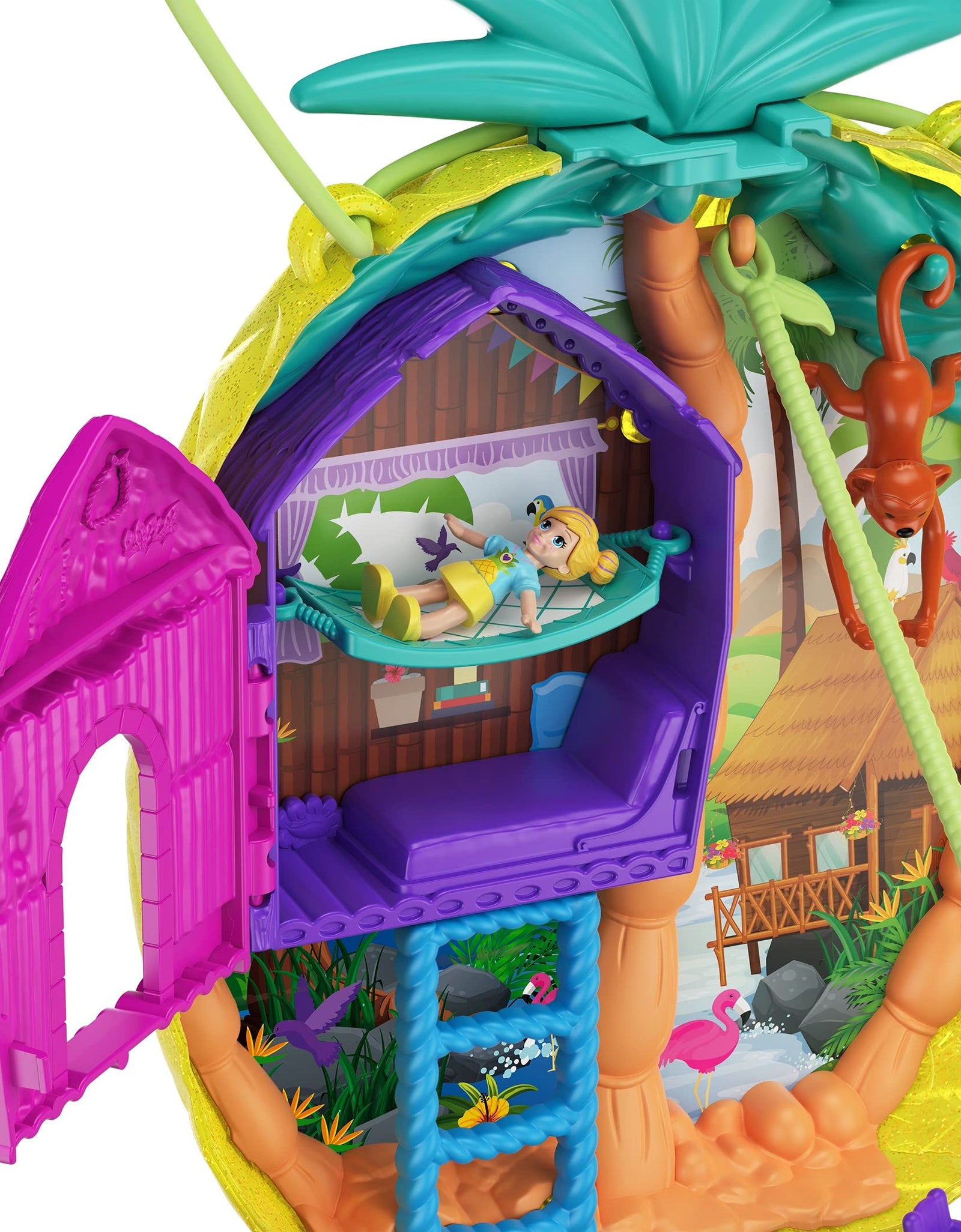 Polly Pocket Tropicool Pineapple Wearable Purse Compact with 8 Fun Features, Micro Polly and Lila Dolls, 2 Accessories and Sticker Sheet; for Ages 4 and Up