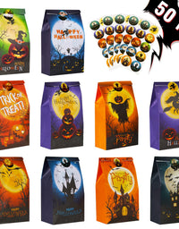 Halloween Goodie Bags, 50PCS Paper Treat Bags with Stickers, 10-Styles Halloween Candy Bags, Halloween Gift Bags for Kids, Trick or Treat Bags for Candies, Snacks
