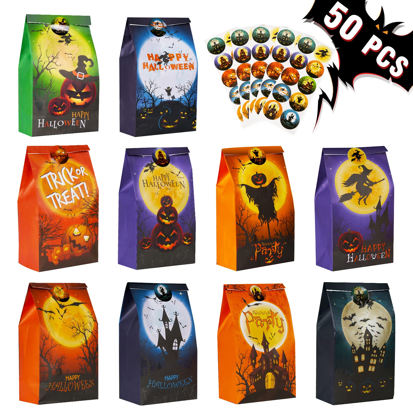 Halloween Goodie Bags, 50PCS Paper Treat Bags with Stickers, 10-Styles Halloween Candy Bags, Halloween Gift Bags for Kids, Trick or Treat Bags for Candies, Snacks