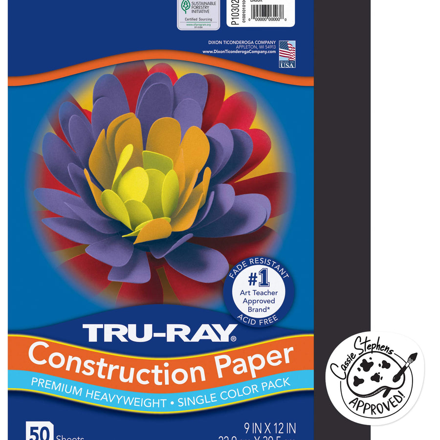 Pacon Tru-Ray Heavyweight Construction Paper, Black, 9" x 12", 50 Sheets, Sulphite Construction Paper