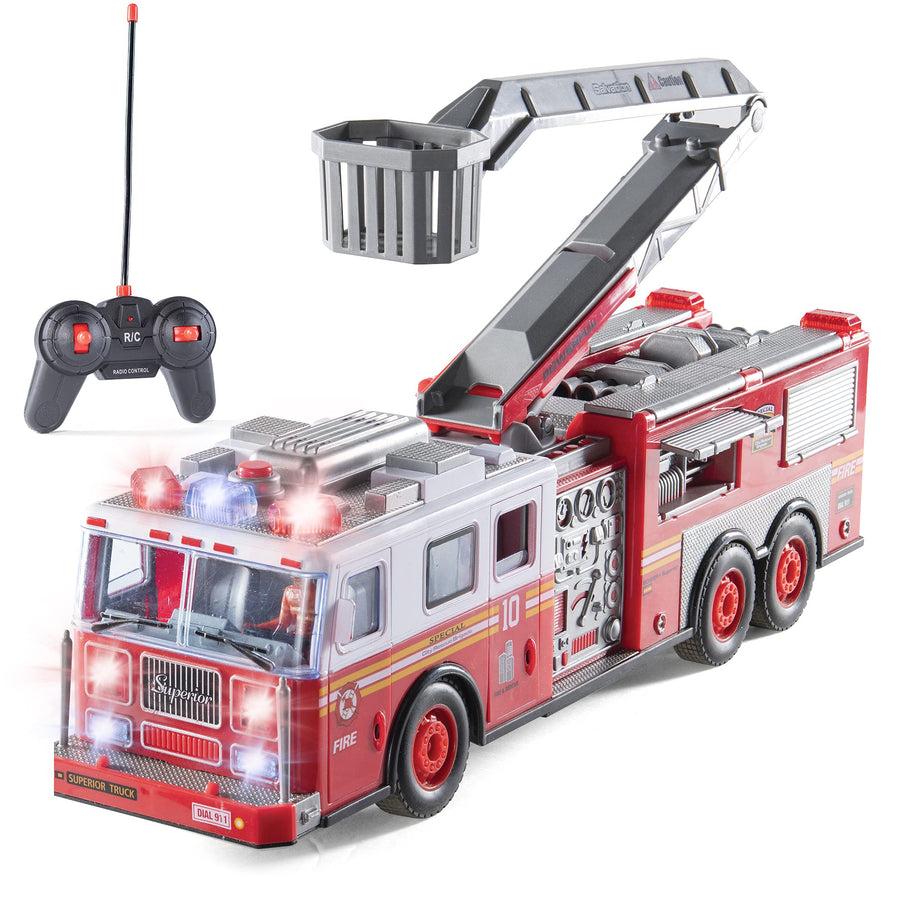 Prextex RC Fire Truck Toy for Kids with Remote Control, Lights, and Siren Sounds Large 14-Inch Fire Truck Best Gifts Toys for Boys