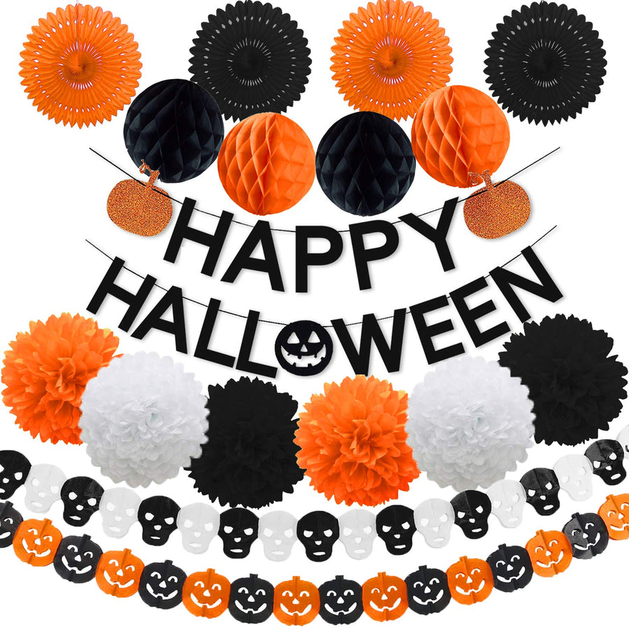 Halloween Party Decorations,Black Glittery Happy Halloween Orange Pumpkin Banner All-in-One Pack for Halloween Theme Party Supplies Decorations Kit for Kids