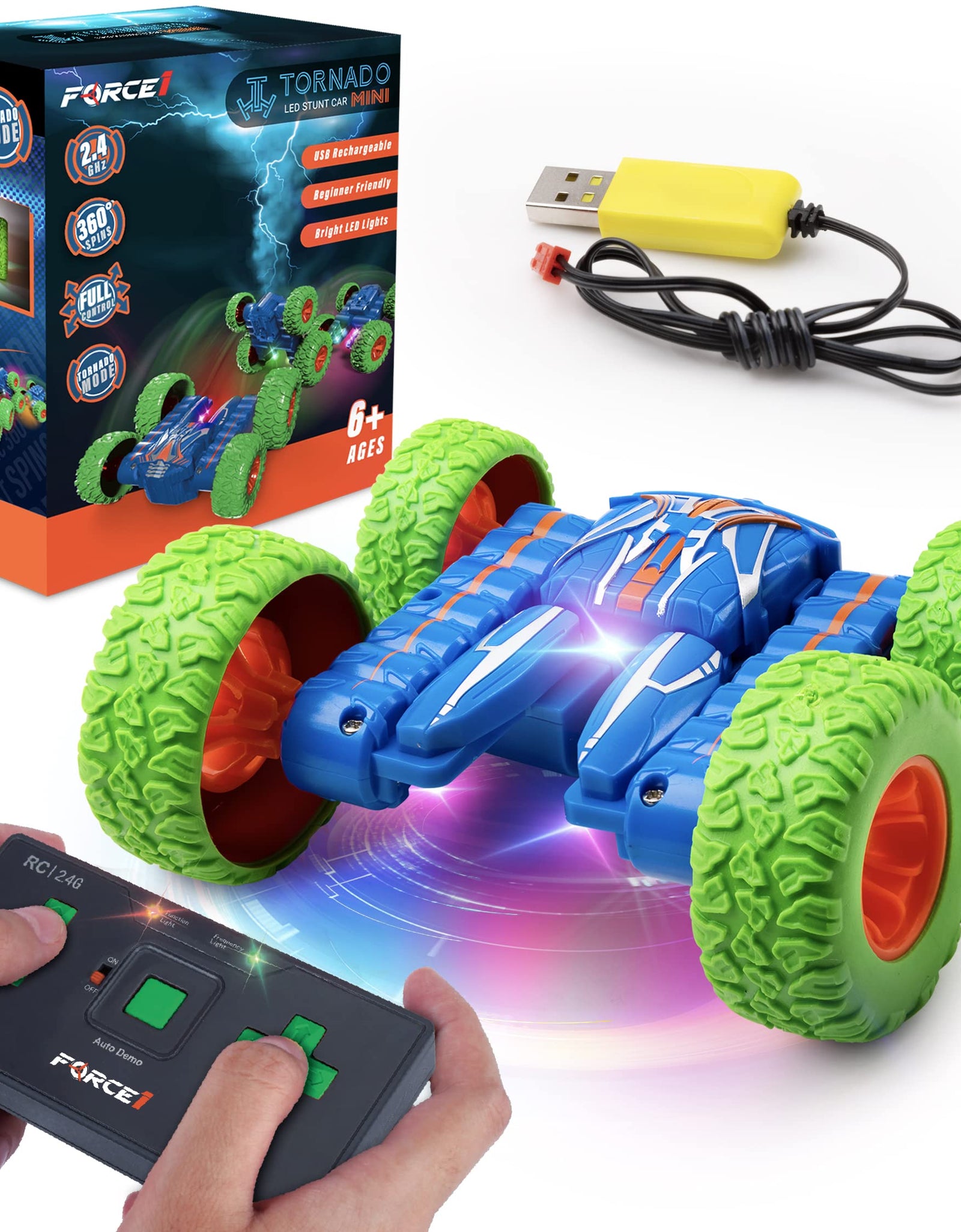 Force1 Tornado LED Remote Control Car for Kids - Double Sided Fast RC Car, 4WD Off-Road Stunt Car with 360 Flips, All Terrain Tires, LEDs, Rechargeable Toy Car Batteries, and Easy Remote