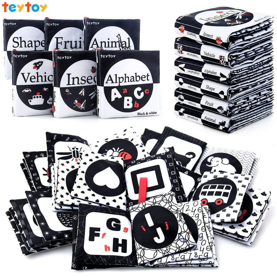 teytoy My First Soft Book, 6 PCS Nontoxic Fabric Baby Cloth Activity Crinkle Soft Black and White Books for Infants Boys and Girls Early Educational Toys Perfect for Baby Shower