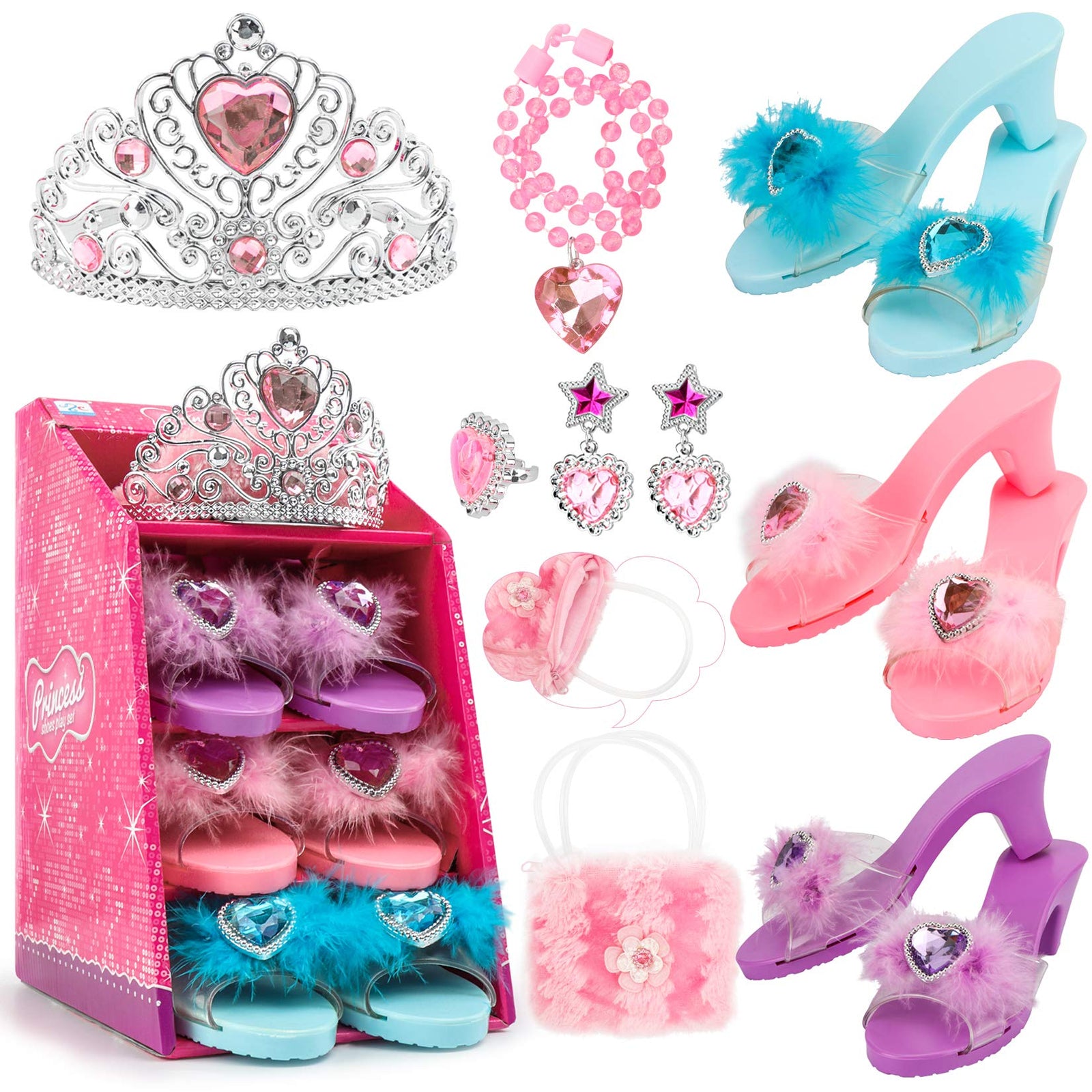 Jaolex Princess Toddler Dress Up Shoes and Pretend Jewelry Toys Set -3 Pairs of Shoes with Tiara Crown Earrings Necklaces Ring Handbag Role Play Collection Shoes Set for Girls Aged 3-6 Years Old