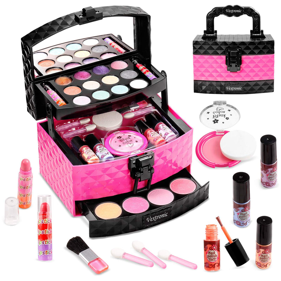 Vextronic Girl Makeup Toy Set 30 Pcs Washable Kids Makeup Kit for Girls, Pretend Play Makeup Kit for Kids, Non-Toxic, Real Cosmetic Toy Beauty Set for Kids Birthday Gift