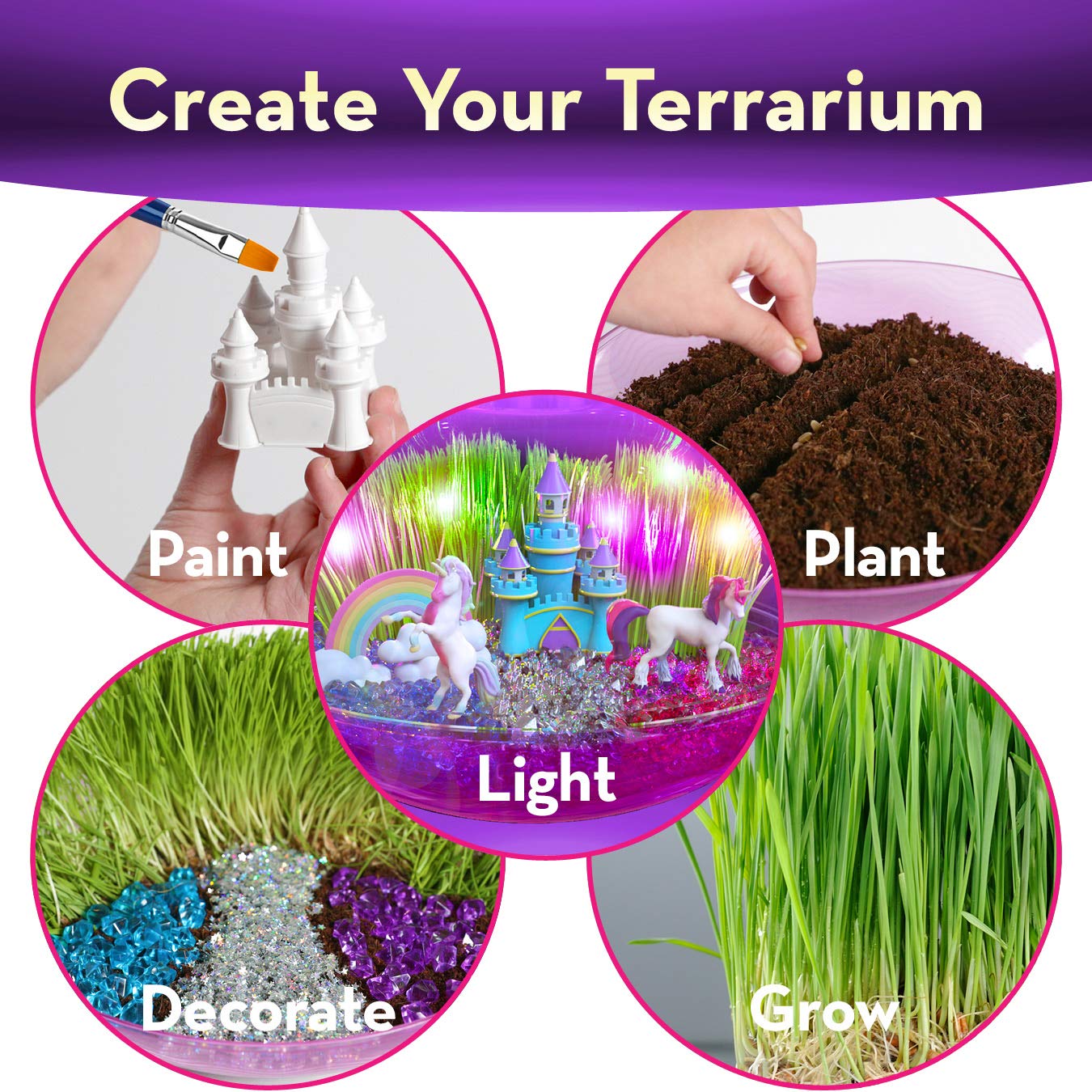 Little Growers Unicorn Terrarium Kit for Kids with Rainbow Fairy Lights and Paintable Figurines - Plant and Grow Light Up Garden - Science and Craft Kits for Girls and Boys - STEM Age Gifts and Toys