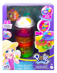Polly Pocket Spin ‘n Surprise Compact Playset, Tropical Smoothie Shape, Waterpark Theme, 3 Floors, 25 Surprise Accessories Including Polly & Shani Dolls, Great Gift for Ages 4 Years Old & Up
