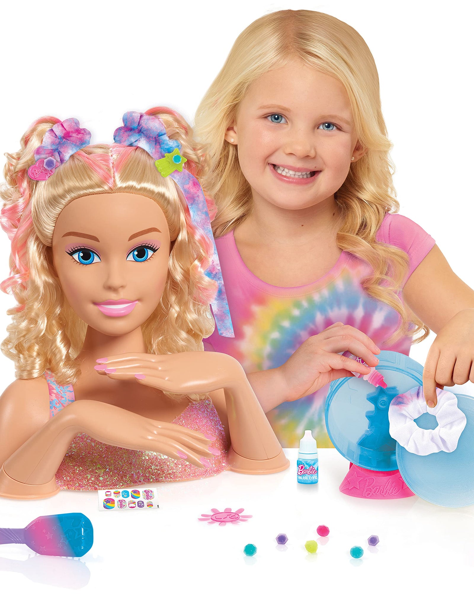 Barbie Tie-Dye Deluxe 22-Piece Styling Head, Blonde Hair, Includes 2 Non-Toxic Dye Colors, by Just Play