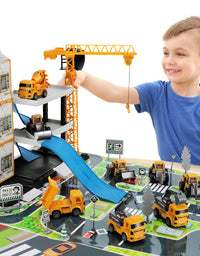 TEMI Construction Vehicles Toy for Boys, 60PCS Kids Engineering Trucks Vehicle w/ Tractor, Crane, Dump, Excavator and Map, Birthday Gift Toys for 3 4 5 6 7 Year Old Boys Children Toddlers
