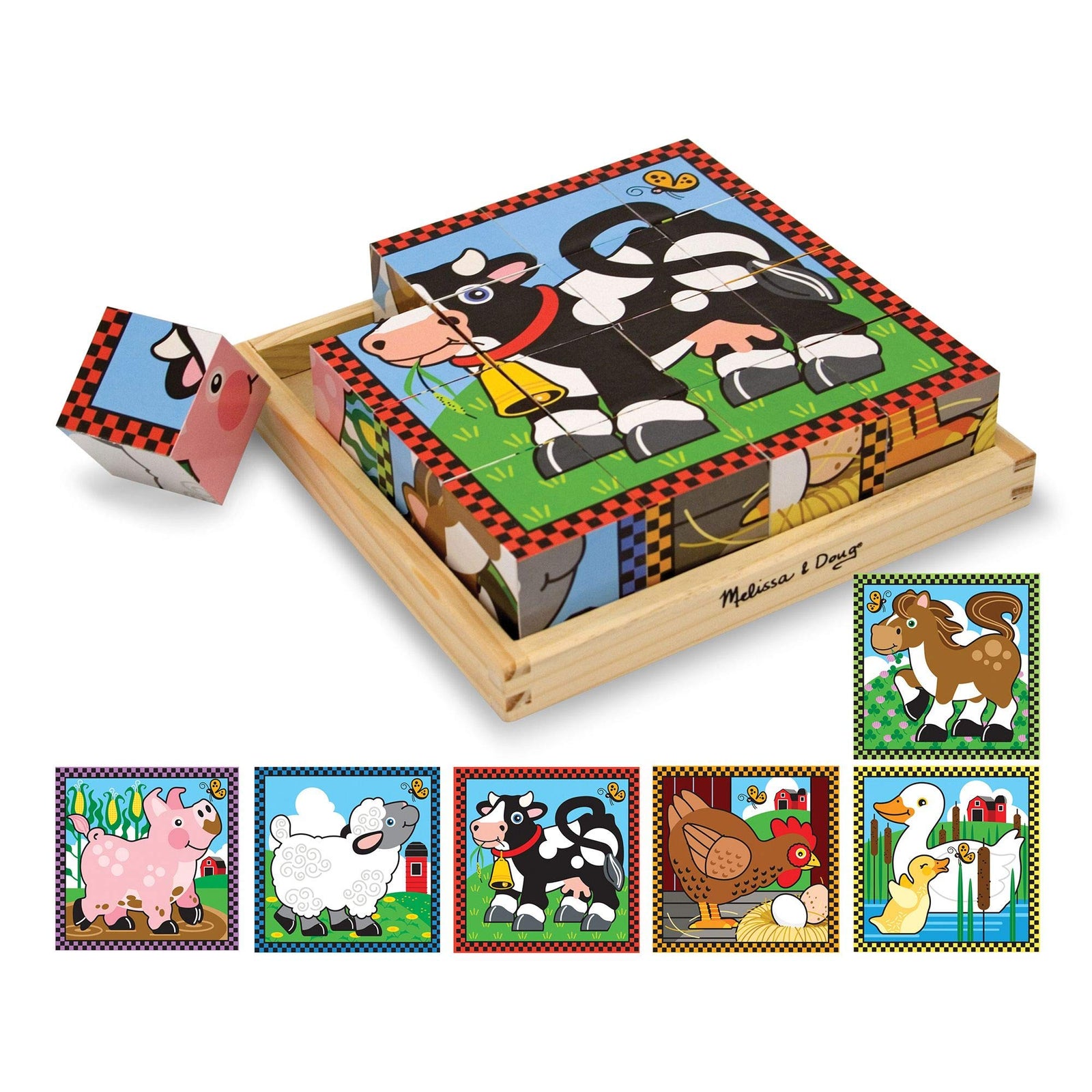 Melissa & Doug Farm Wooden Cube Puzzle With Storage Tray - 6 Puzzles in 1 (16 pcs)