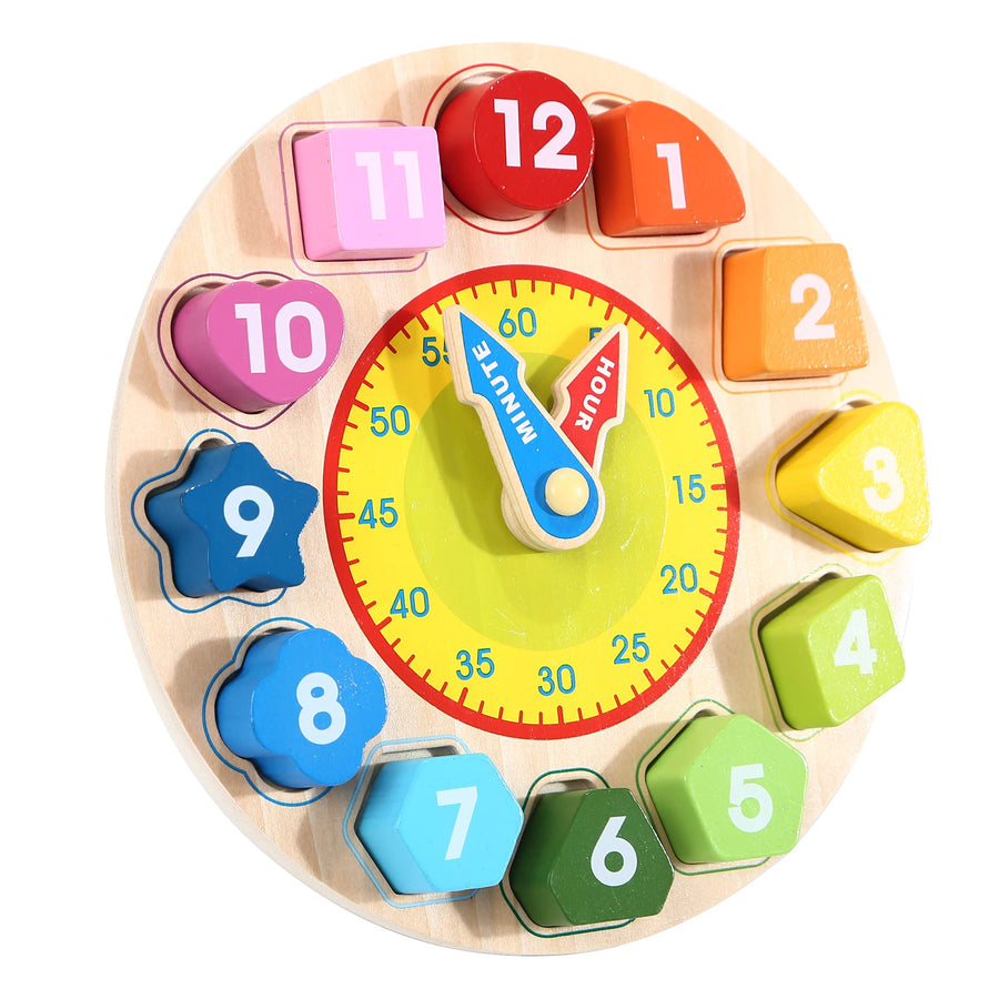 Garlictoys Wooden Shape Color Clock Puzzle-Teaching Time Sorting Number Blocks, Stacking Sorter Jigsaw Montessori Early Learning Montessori Educational Toy Gift for3+ Year Old Toddler Baby Kids
