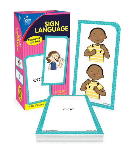 Carson Dellosa American Sign Language Flash Cards—Double-Sided, 122 ASL Signs With Illustrations and Word Associations, Alphabet, Numbers, Feelings, Animals, Food, Practice Set (105 pc)