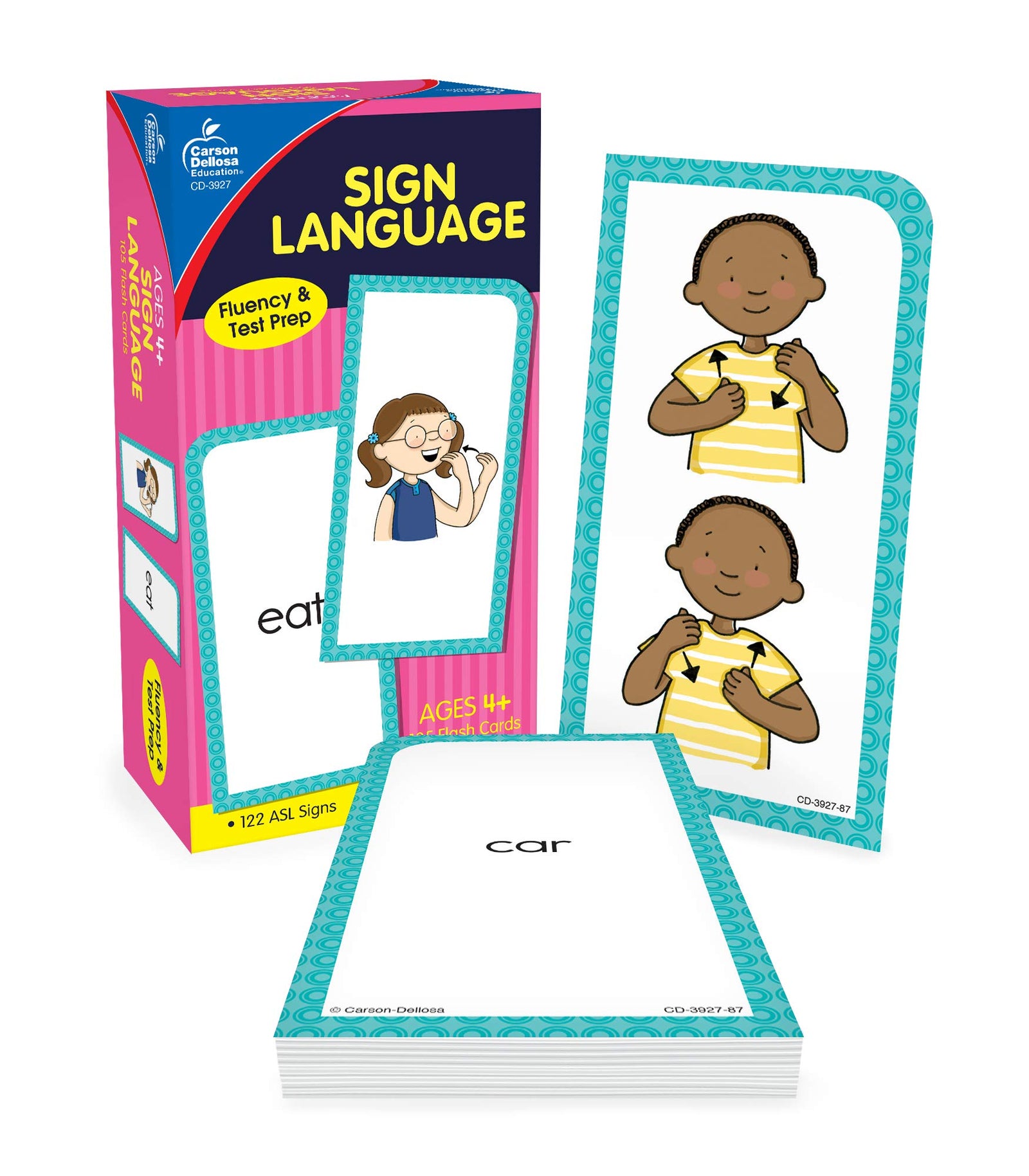 Carson Dellosa American Sign Language Flash Cards—Double-Sided, 122 ASL Signs With Illustrations and Word Associations, Alphabet, Numbers, Feelings, Animals, Food, Practice Set (105 pc)
