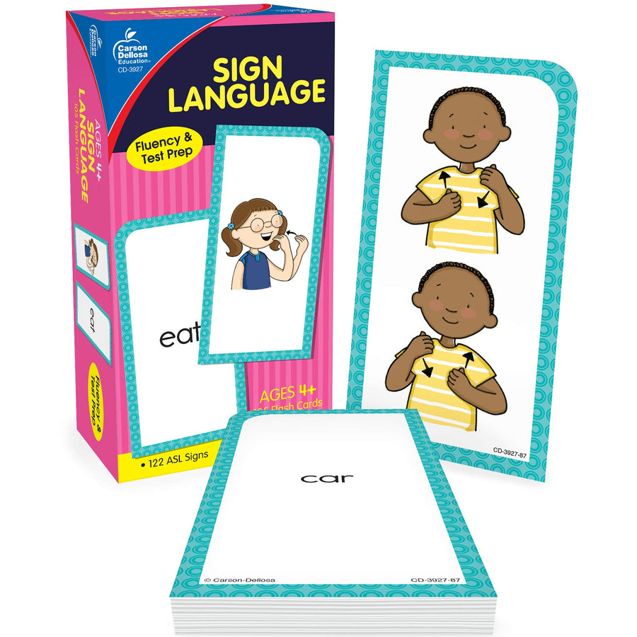 Carson Dellosa American Sign Language Flash Cards—Double-Sided, 122 ASL Signs With Illustrations and Word Associations, Alphabet, Numbers, Feelings, Animals, Food, Practice Set (105 pc)