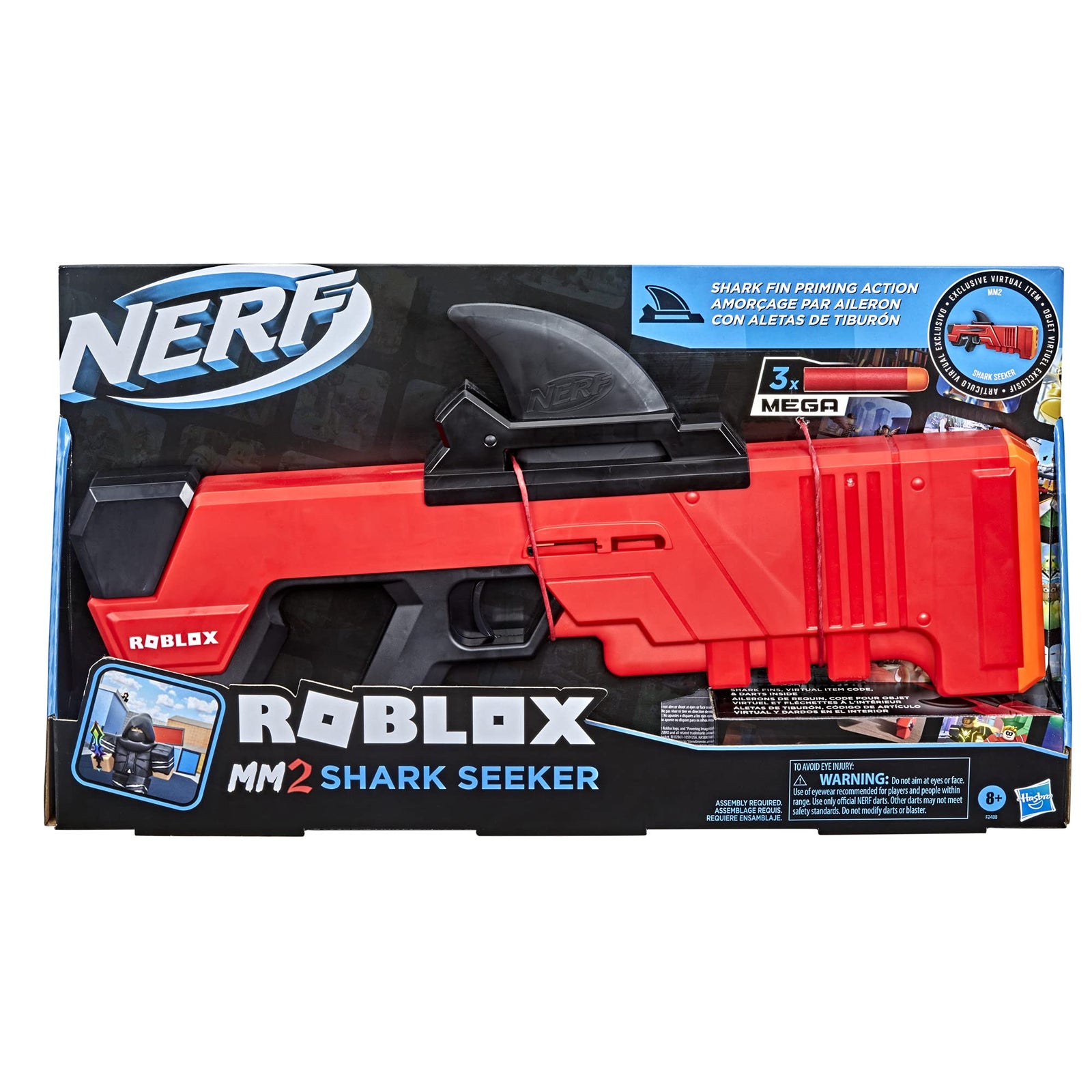 NERF Roblox MM2: Shark Seeker Dart Blaster, Shark-Fin Priming, 3 Mega Darts, Code to Unlock in-Game Virtual Item