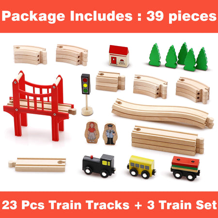 Wooden Train Set for Toddler - 39 Piece- with Wooden Tracks Fits Thomas, Brio, Chuggington, Melissa and Doug- Expandable, Changeable-Train Toy for 3 4 5 Years Old Girls & Boys