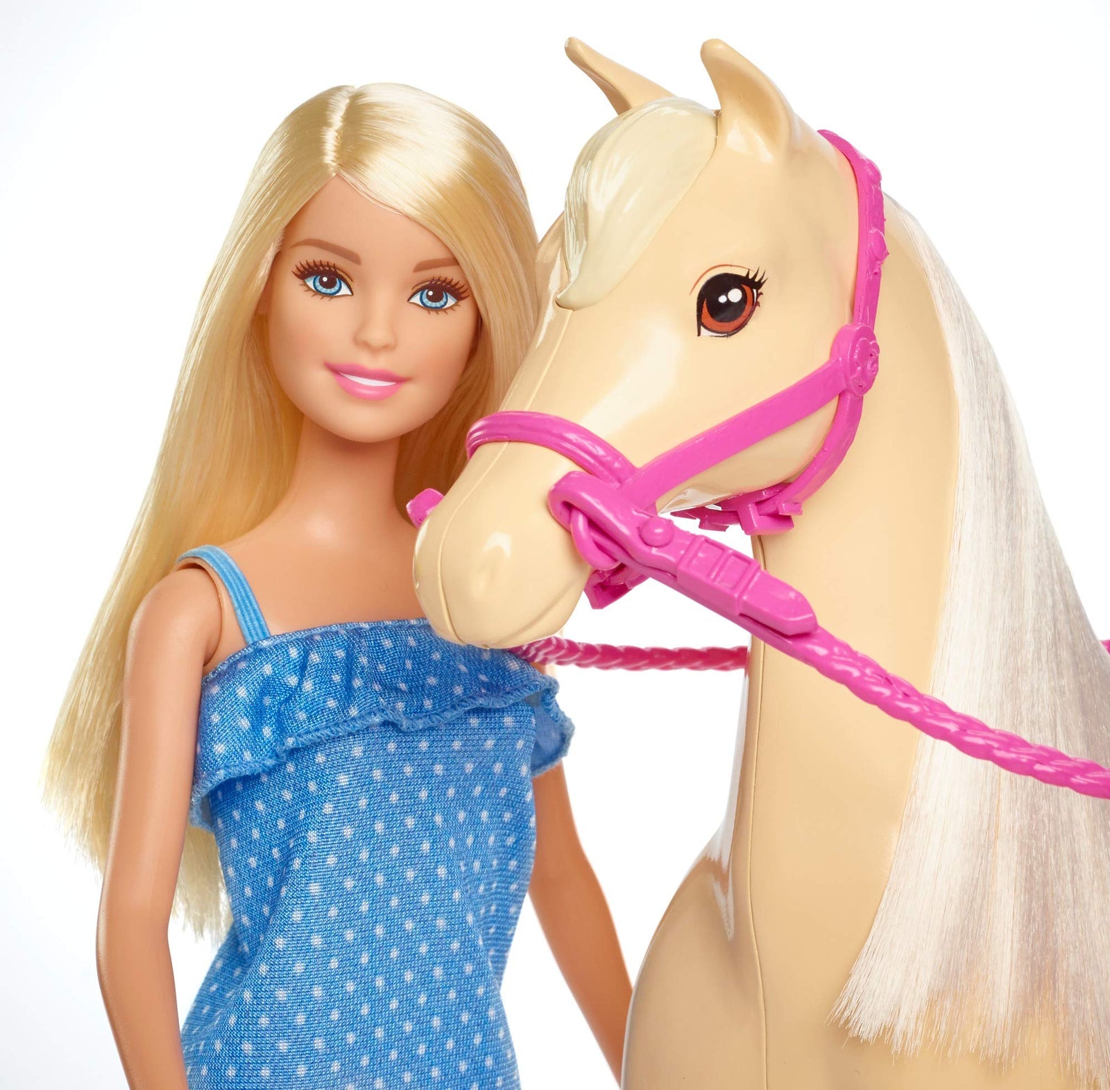 Barbie Doll, Blonde, Wearing Riding Outfit with Helmet, and Light Brown Horse with Soft White Mane and Tail, Gift for 3 to 7 Year Olds