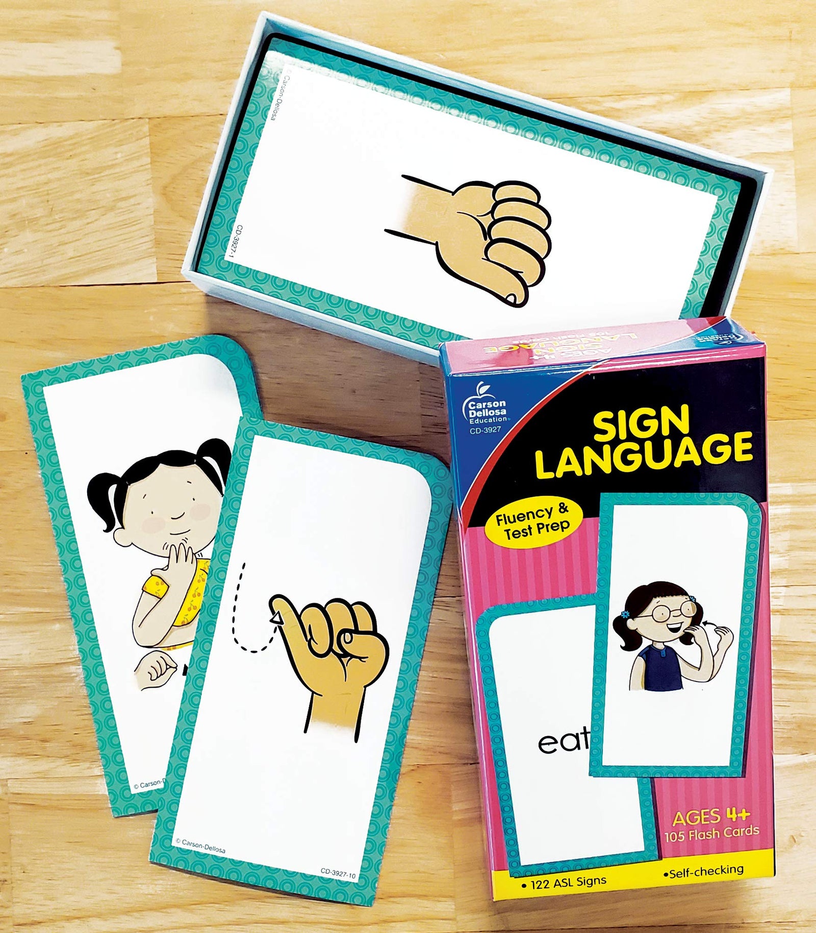 Carson Dellosa American Sign Language Flash Cards—Double-Sided, 122 ASL Signs With Illustrations and Word Associations, Alphabet, Numbers, Feelings, Animals, Food, Practice Set (105 pc)