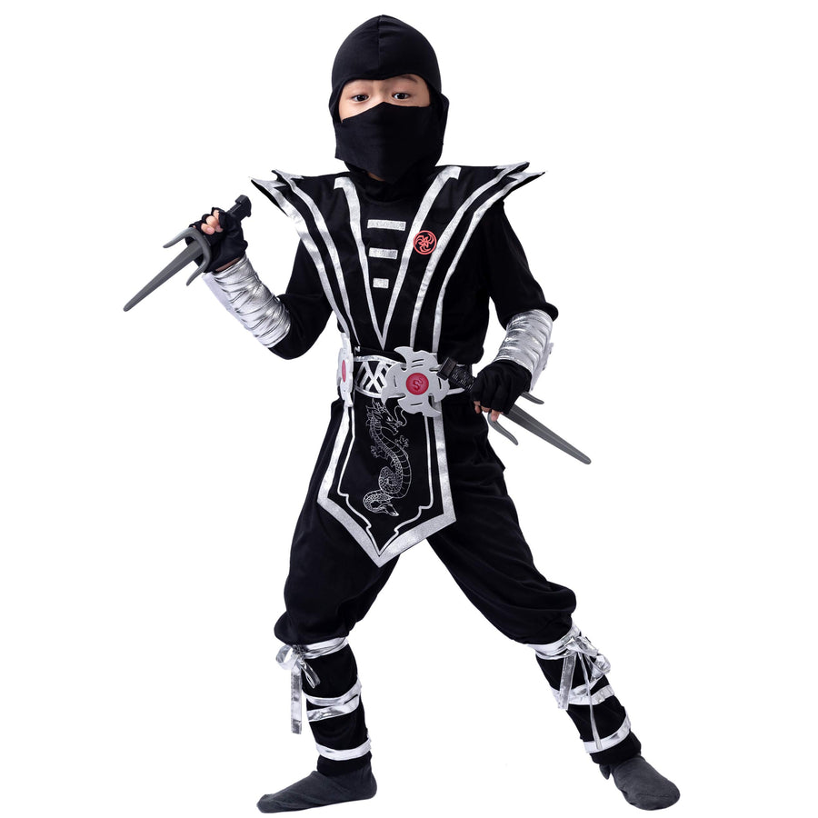 Silver Ninja Deluxe Costume Set with Ninja Foam Accessories Toys for Kids Kung Fu Outfit Halloween Ideas