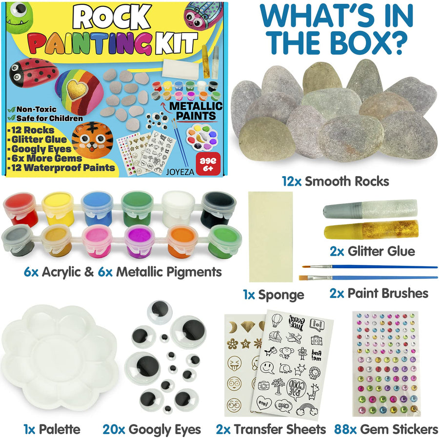 JOYEZA Deluxe Rock Painting Kit, Arts and Crafts for Girls Boys Age 6+ , 12 Rocks, Best Tween Gift Art Set, Waterproof Paints, All-inclusive Craft Kits Art Supplies, Kids Activities Age 4 5 6 7 8 9 10
