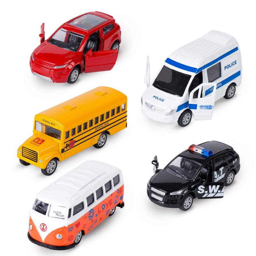 KIDAMI Die-cast Metal Toy Cars Set of 5, Openable Doors, Pull Back Car, Gift Pack for Kids (Official Car)