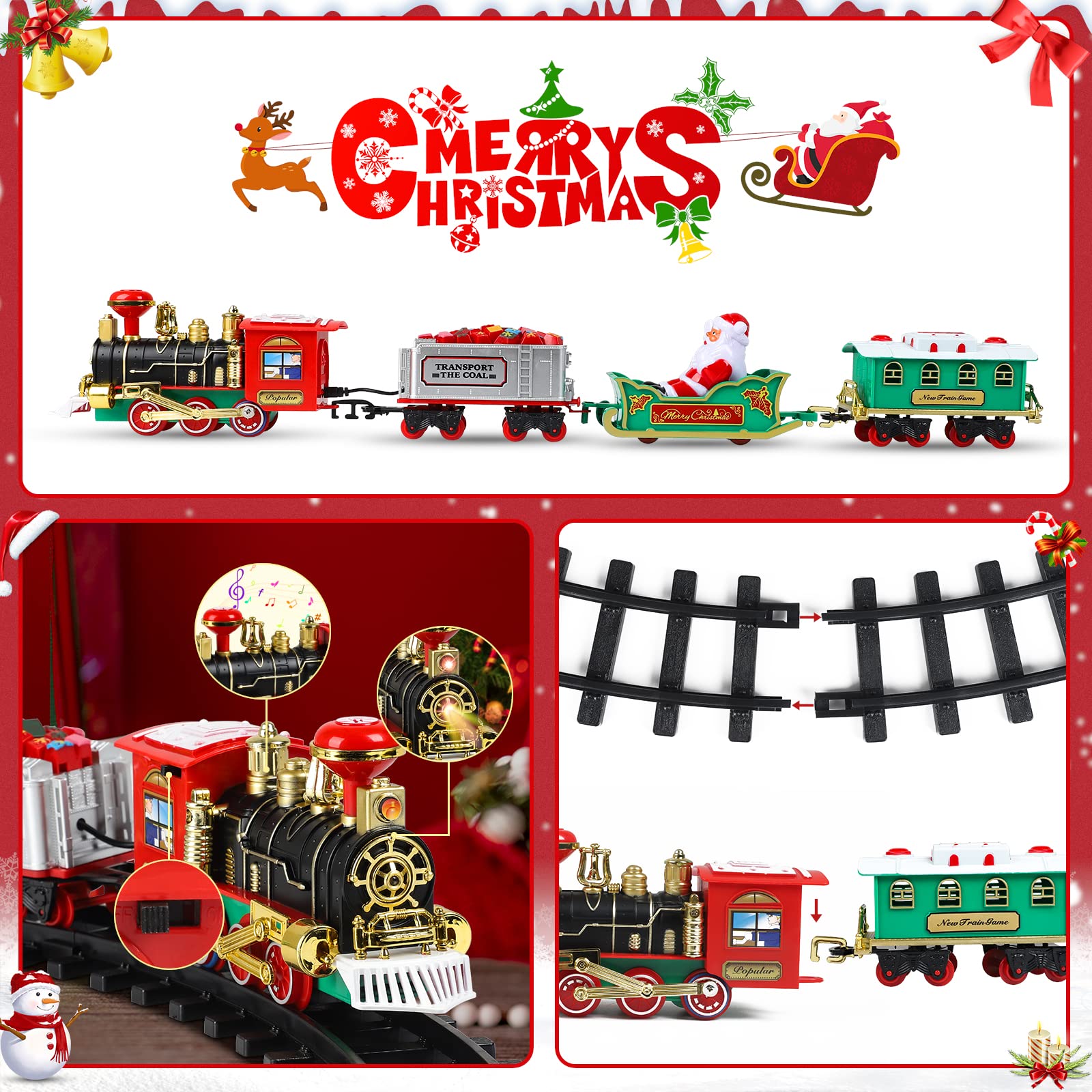 Christmas Train Set - Toy Train Set with Lights and Sounds, Round Railway Tracks for Under/Around The Christmas Tree, Best Gifts for 3 4 5 6 7 8+ Years Kids Boys Girls