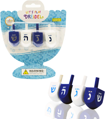 Hanukkah Dreidel Bulk Solid Blue & White Wooden Dreidels Hand Painted - Game Instructions Included! (4-Pack)