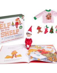 Elf On The Shelf Boy with Customizable Christmas Sweater Set - Blue Eyed Boy Elf w Book, Sweater, and Five Festive Holiday Outfit Decorations
