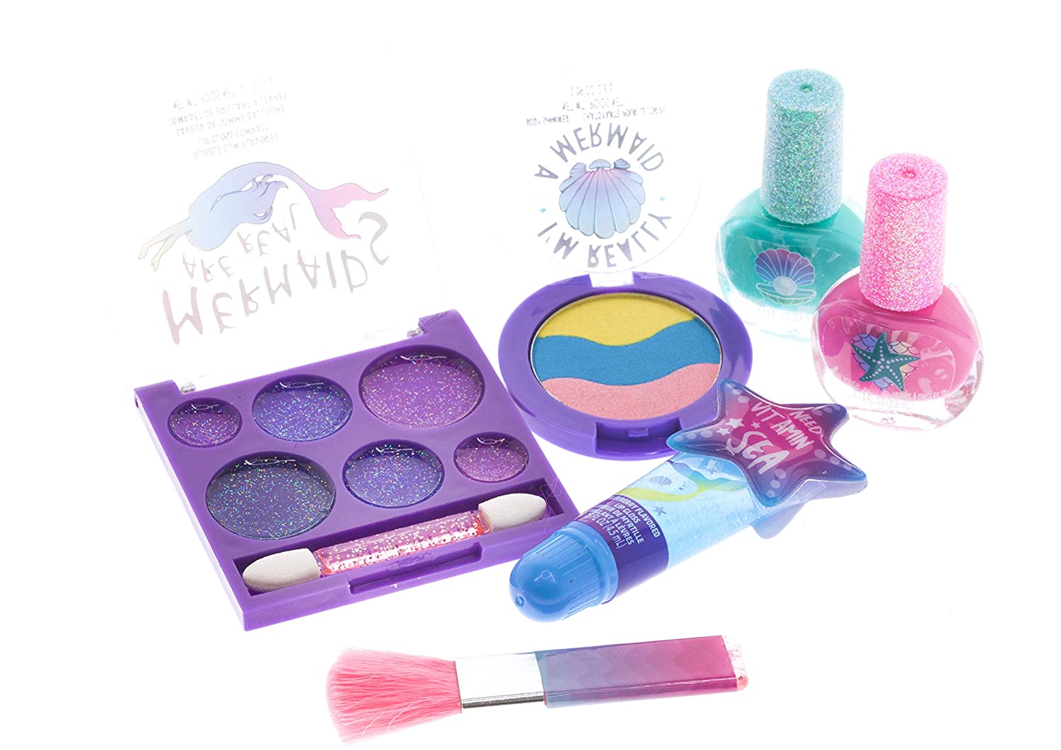 Townley Girl Mermaid Vibes Makeup Set with 8 Pieces, Including Lip Gloss, Nail Polish, Body Shimmer and More in Mermaid Bag, Ages 3+ for Parties, Sleepovers and Makeovers