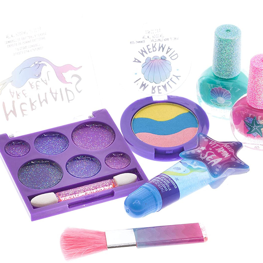 Townley Girl Mermaid Vibes Makeup Set with 8 Pieces, Including Lip Gloss, Nail Polish, Body Shimmer and More in Mermaid Bag, Ages 3+ for Parties, Sleepovers and Makeovers