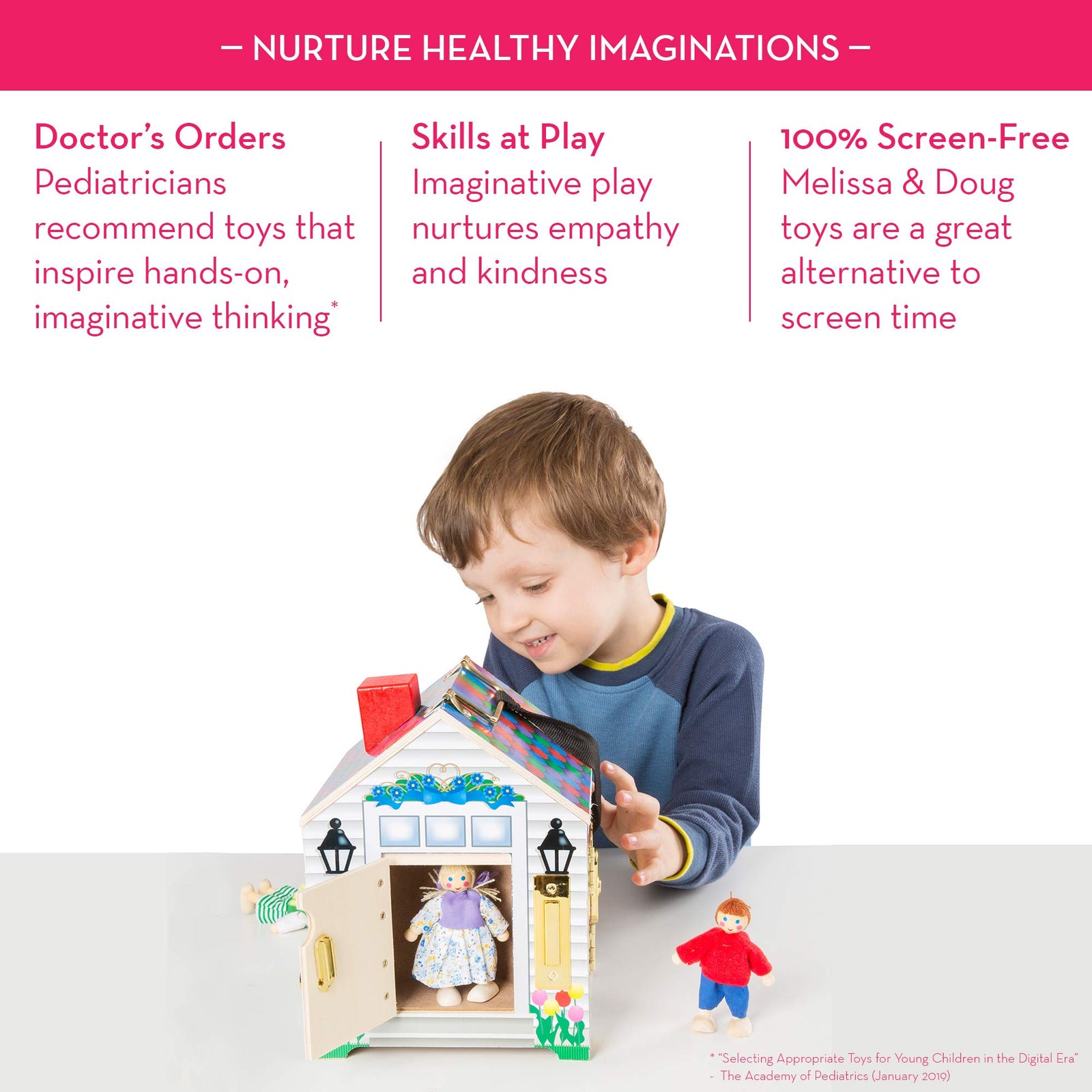 Melissa & Doug Take-Along Wooden Doorbell Dollhouse - Doorbell Sounds, Keys, 4 Poseable Wooden Dolls