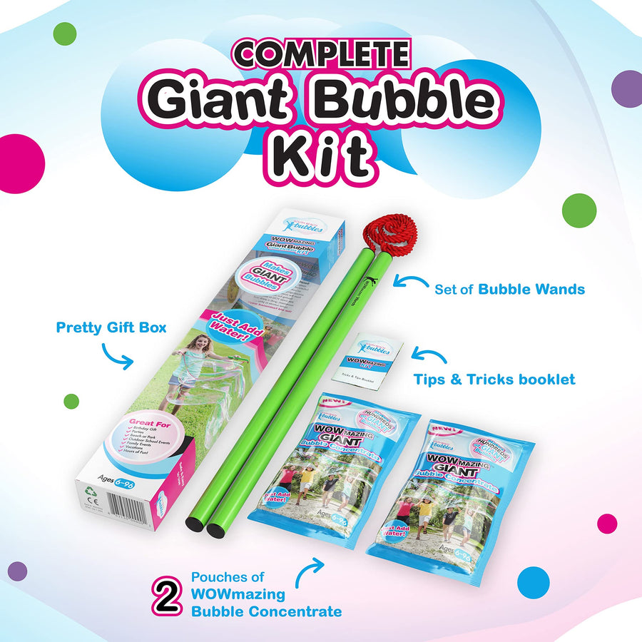 WOWMAZING Giant Bubble Wands Kit: (4-Piece Set) | Incl. Wand, Big Bubble Concentrate and Tips & Trick Booklet | Outdoor Toy for Kids, Boys, Girls | Bubbles Made in The USA - Standard Kit