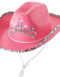 Light-Up Pink Kids Cowgirl Hat - (Pack of 2) Little Child Blinking Cowgirl Hats with Tiara and Neck Drawstring - Felt Cowboy Costume Accessories for Small Kids Party Hat and Play Dress-Up
