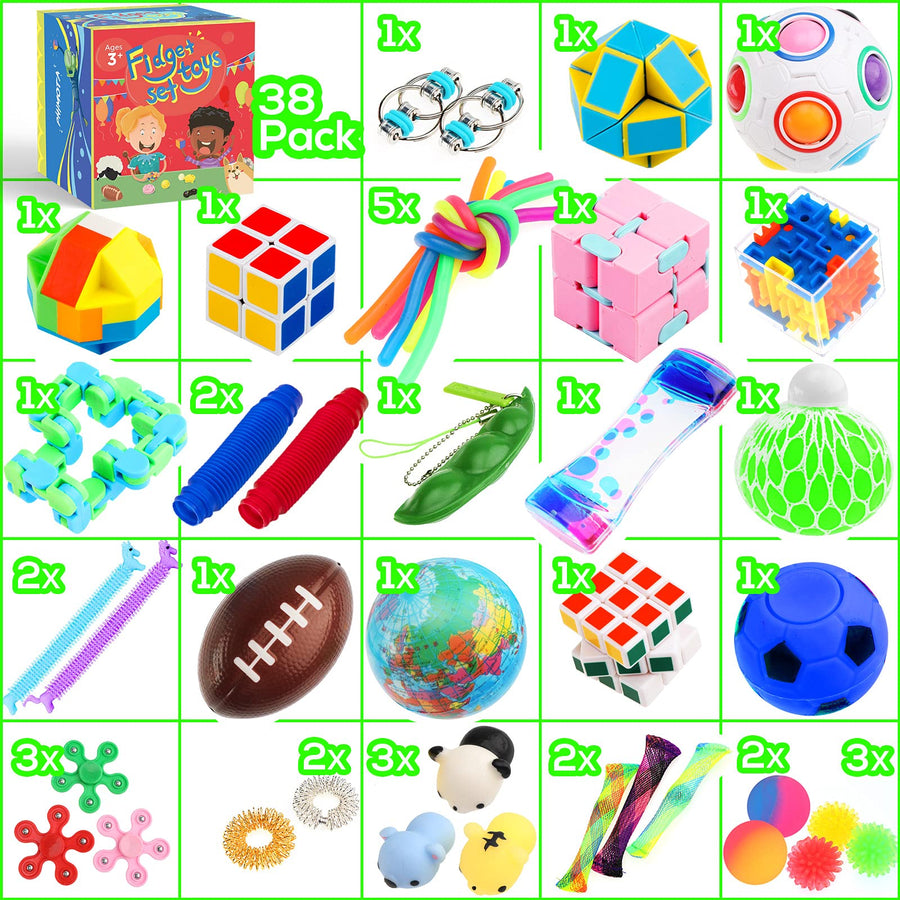 Sensory Toys Set 38 Pack, Stress Relief Fidget Hand Toys for Adults and Kids, Sensory Fidget and Squeeze Widget for Relaxing Therapy - Perfect for ADHD Add Anxiety Autism