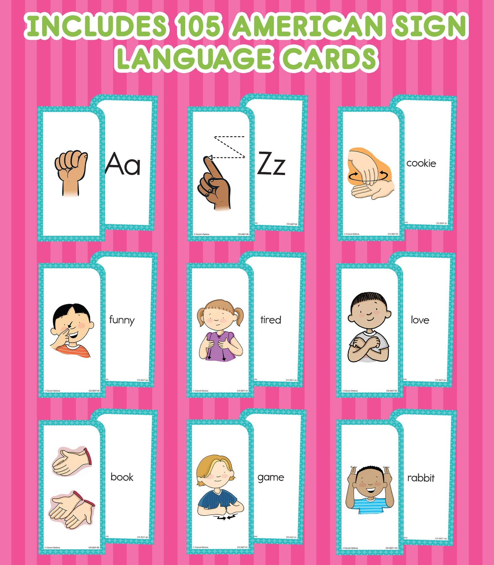 Carson Dellosa American Sign Language Flash Cards—Double-Sided, 122 ASL Signs With Illustrations and Word Associations, Alphabet, Numbers, Feelings, Animals, Food, Practice Set (105 pc)