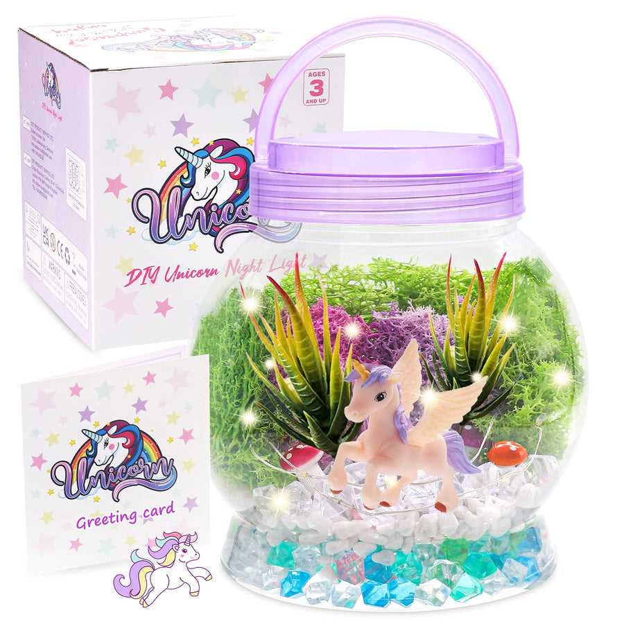 DIY Light-Up Terrarium Kit for Kids with Unicorn Toys, Building Your Wonder Garden, Unicorn Craft Nightlight Gift for Girls Age 3, 4, 5, 6, 7, 8+Years Old, Unicorn Stuff, Birthday Gift, Bedroom Decor