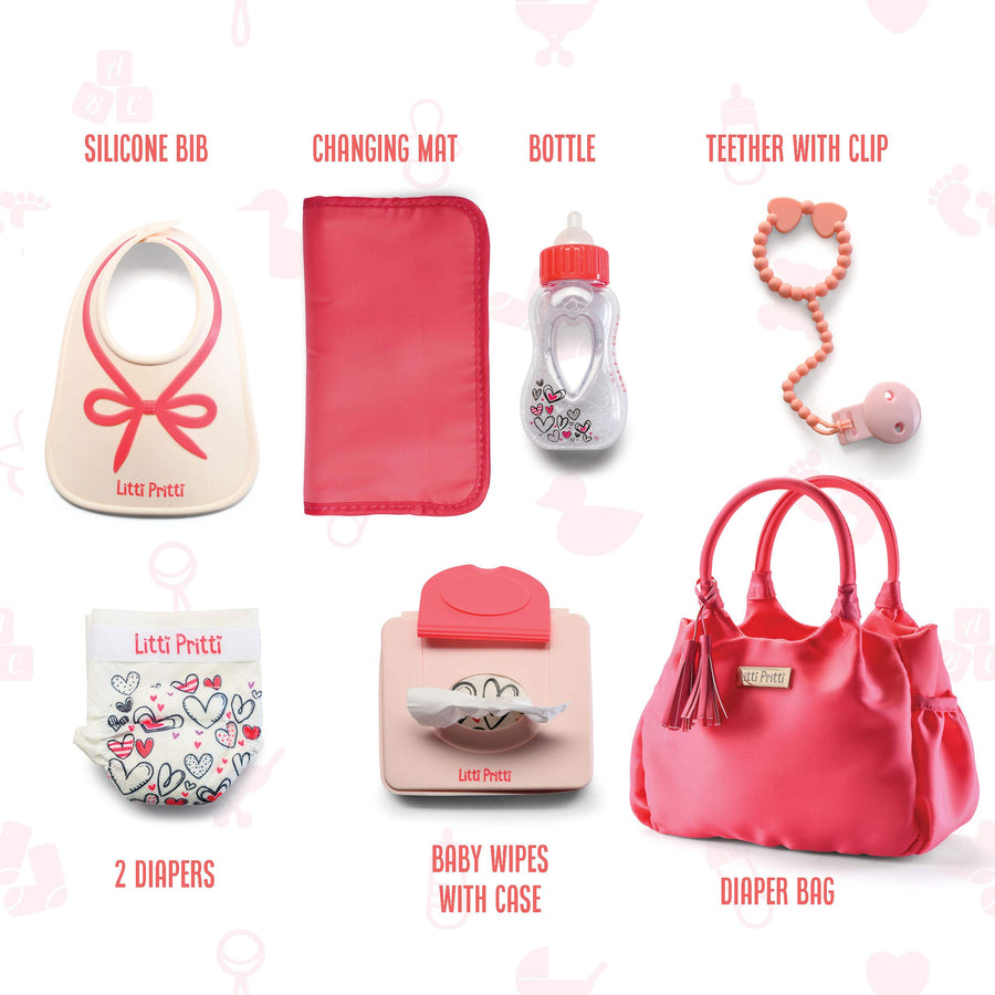 Litti Pritti Baby Doll Accessories - 9 Piece Premier Playtime Set for Baby Dolls - Diaper Bag Set Includes Fabric Diapers, Magic Bottle, Wipes & More